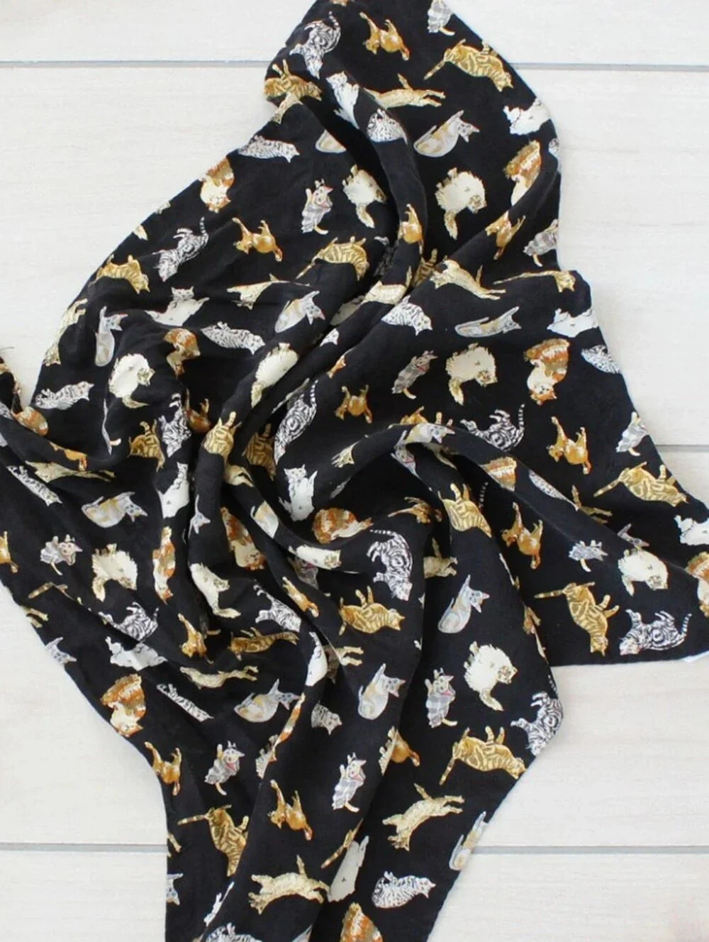 100% Silk Nicole Miller Black Scarf with Gold and Cream Cat Motif
